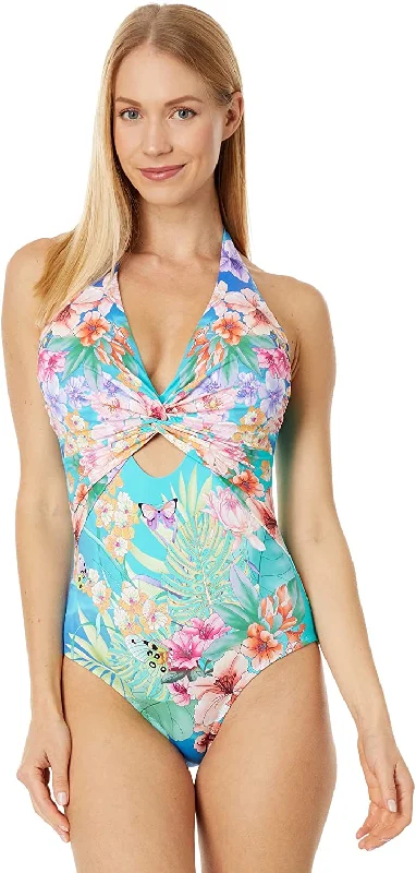 Johnny Was Women's Tie-Dye Twist Keyhole One-Piece Multi Swimsuit Plunge Back Swimsuit