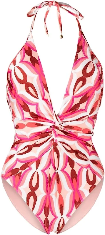 PatBO Women's Twist Halter Neck Plunge One Piece Swimsuit Flamant Ruched Swimwear Set