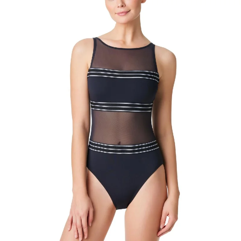 Bleu Rod Beattie Womens Off The Grid Illusion Striped One-Piece Swimsuit V-Neck Swim Dress