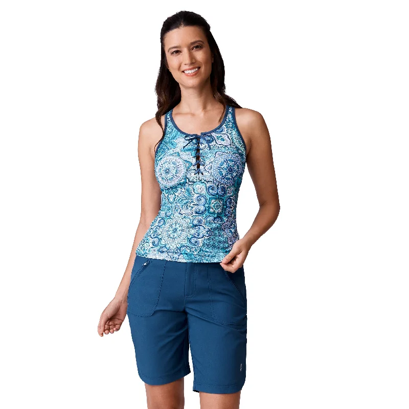 Free Country Women's Boho Medallion Lace Up Racerback Tankini Top Swim Skirt Set