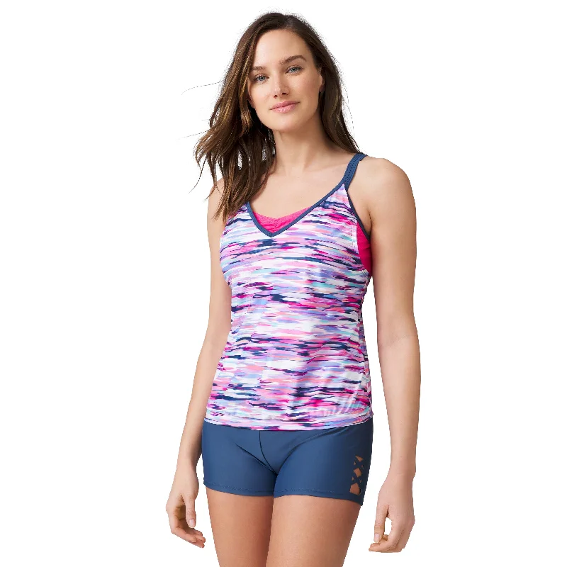 Free Country Women's V-Neck Blouson Tankini Top Floral Print Swimsuit