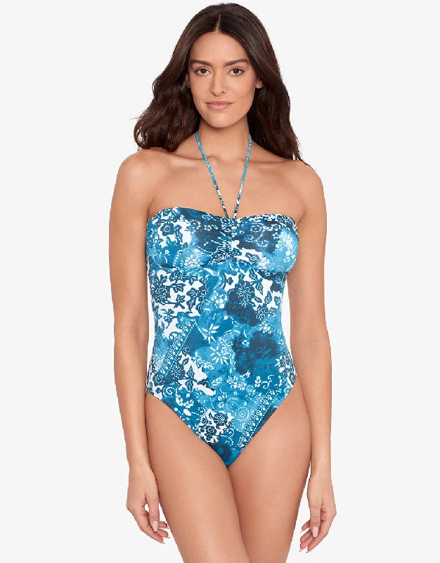 Indigo Patchwork Halter Bandeau Swimsuit Monokini Swimsuit Design