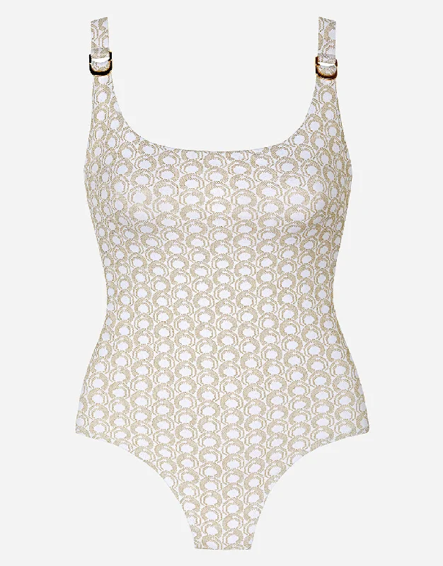 Indira Round Neck Swimsuit - White and Gold Plus-Size Bikini Set