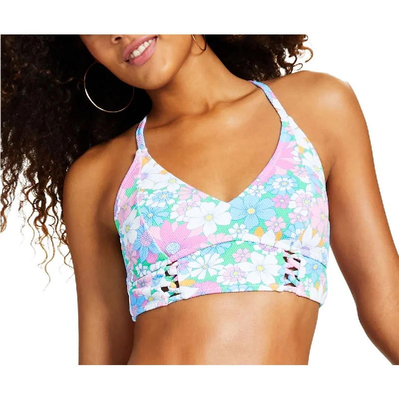 Jessica Simpson Womens Crazy Daisy Lace-Up Floral Print Bikini Swim top Strap Bikini Set