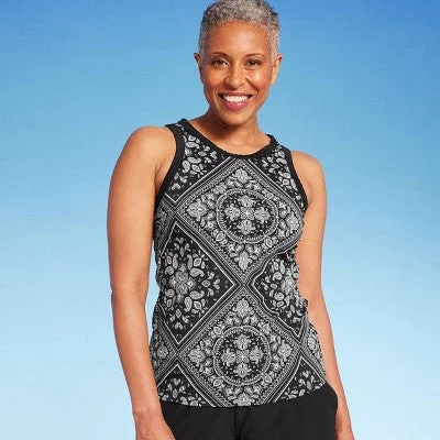 New - Lands' End Women's UPF 50 Bandana Print High Neck Tankini Top - Black M High-Waisted Swim Bottoms