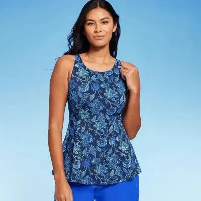 New - Lands' End Women's UPF 50 Flutter High Neck Tankini Top - Blue M Sporty Swim Shorts