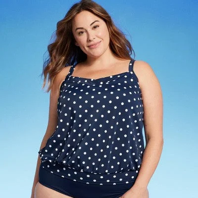 New - Lands' End Women's UPF 50 Polka Dot Blouson Tankini Top - Navy Blue 2X Color-Block Bikini