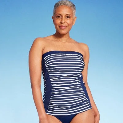 New - Lands' End Women's UPF 50 Striped Bandeau Tankini Top - Navy Blue XS Swim Skirt Set