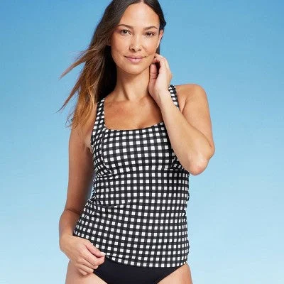 New - Lands' End Women's UPF 50 Underwire Square Neck Tankini Top - Black/White 12 Sleek Mesh Bikini