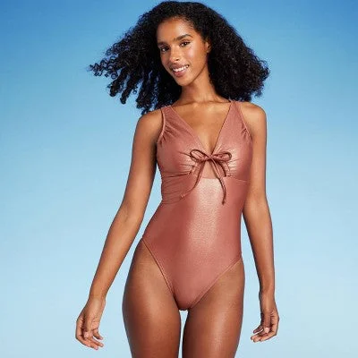 Women's Bralette Front Cut Out Tie-Front One Piece Swimsuit - Shade & Shore Sleek Full Coverage