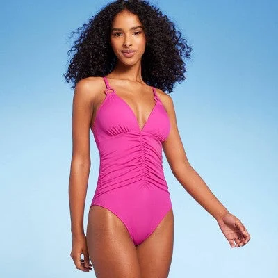 New - Shade & Shore Women's V Neck One Piece Swimsuit Tummy Control, Hot Pink S Lace-Detail Bikini Set