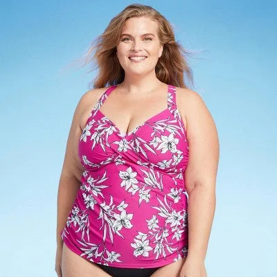New - Women's Floral Print Front Wrap Shirred Tankini Top - Kona Sol Pink 1X Color-Block Bikini