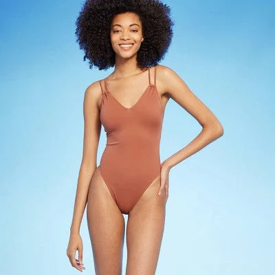 New - Women's Tunneled Plunge One Piece Swimsuit - Shade & Shore Brown M Two-Piece Beachwear