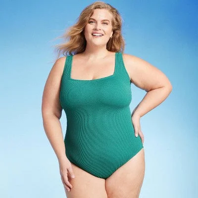 Open Box - Women's Pucker Square Neck One Piece Swimsuit - Kona Sol™ Teal Green 14 Luxury Swimsuit Style