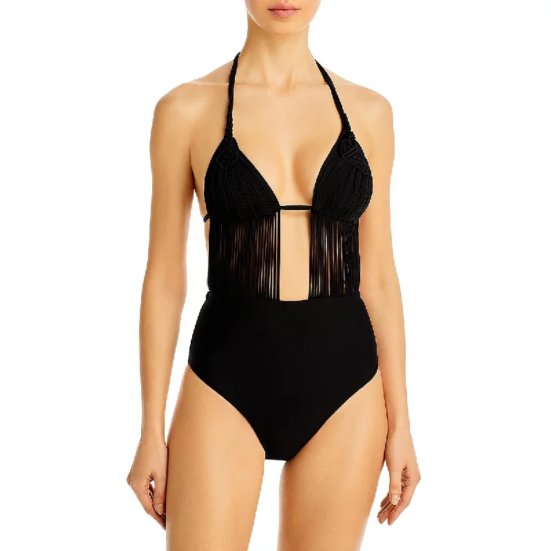 PQ Swim Womens Mila Macrame Plunging One-Piece Swimsuit High-Waisted Swimwear