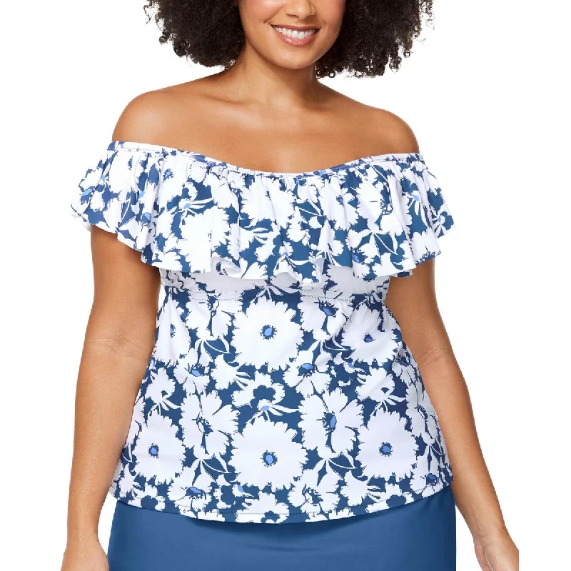 Raisins Womens Printed Ruffled Tankini Swim Top Color-Block Bikini