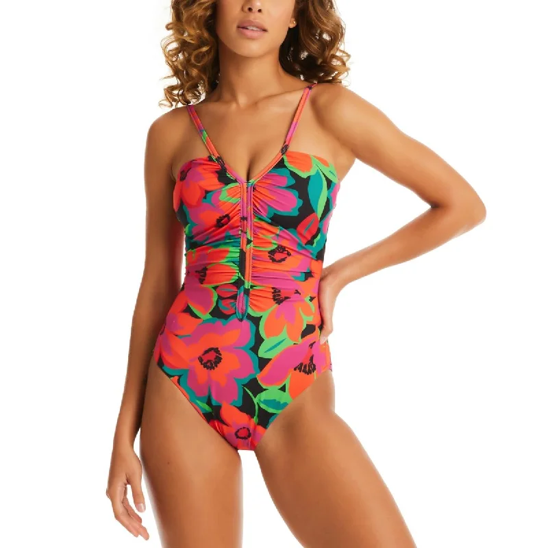 Sanctuary Womens Floral Print Shirred One-Piece Swimsuit Comfortable Swim Shorts