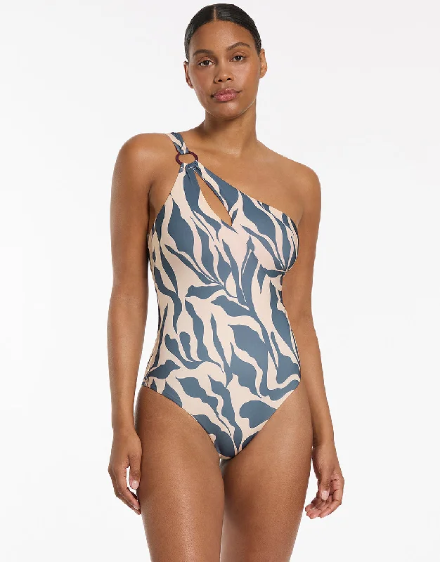 Sereno One Shoulder Ring Swimsuit - Steel Blue Swim Skirt Set