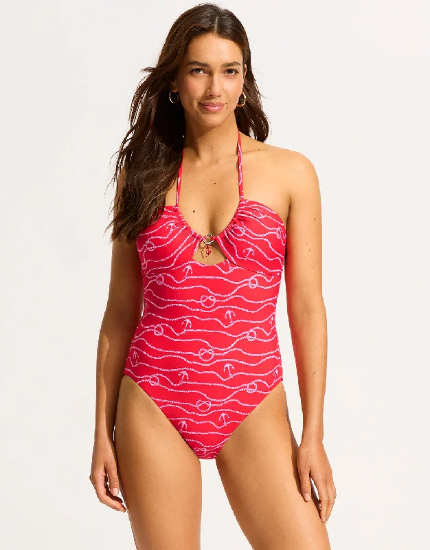 Set Sail Drawstring Halter Swimsuit - Chilli Red Classic One-Piece