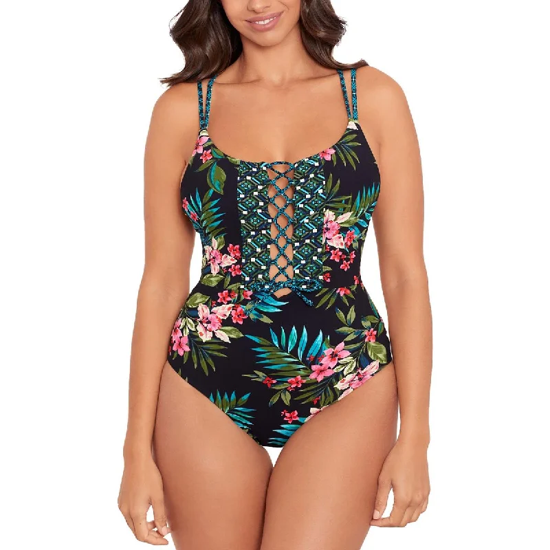 Skinny Dippers Womens Floral Cut-Out One-Piece Swimsuit High-Waisted Swim Bottoms