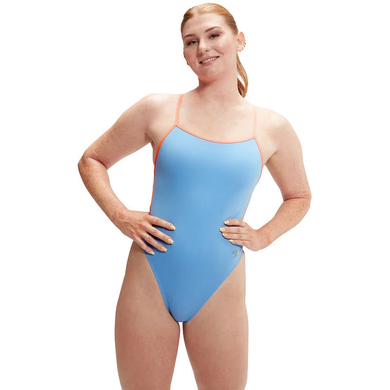 Speedo - Women's Solid VBack Swimsuit - Curious Blue/Disco Peach Halter Neck Swimsuit