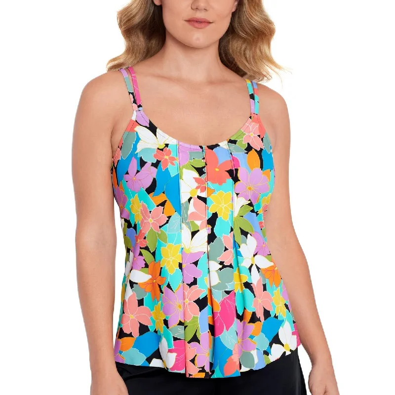 Swim Solutions Womens Floral Bust Support Tankini Swim Top Timeless Black Bikini