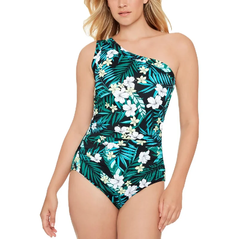 Swim Solutions Womens One Shoulder Floral Print One-Piece Swimsuit Tropical Print One-Piece
