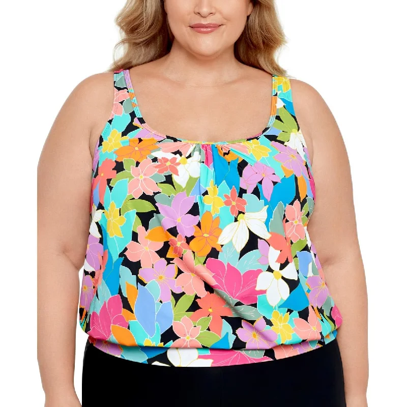 Swim Solutions Womens Plus Floral Print Underwire Tankini Swim Top Lace Back Bikini