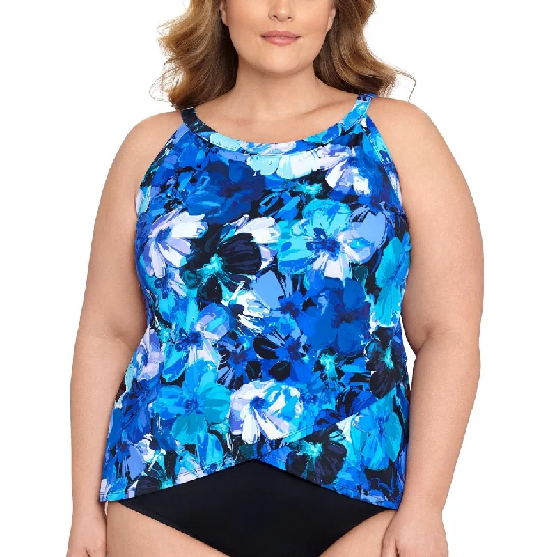 Swim Solutions Womens Plus Floral Underwire Tankini Swim Top Mesh Panel Swimwear