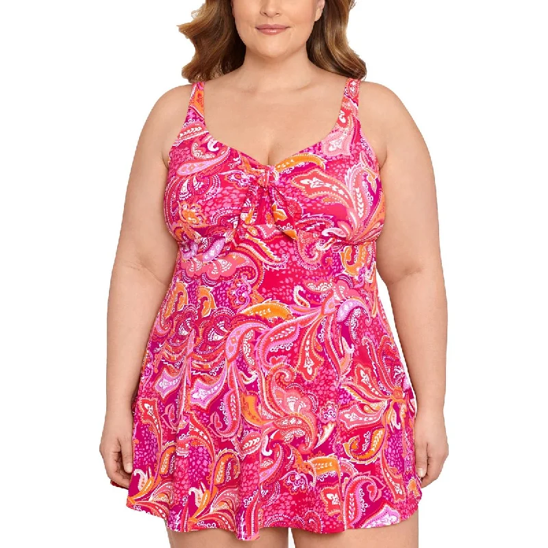 Swim Solutions Womens Plus Paisley Tummy Control One-Piece Swimsuit Deep-V Swimsuit Design