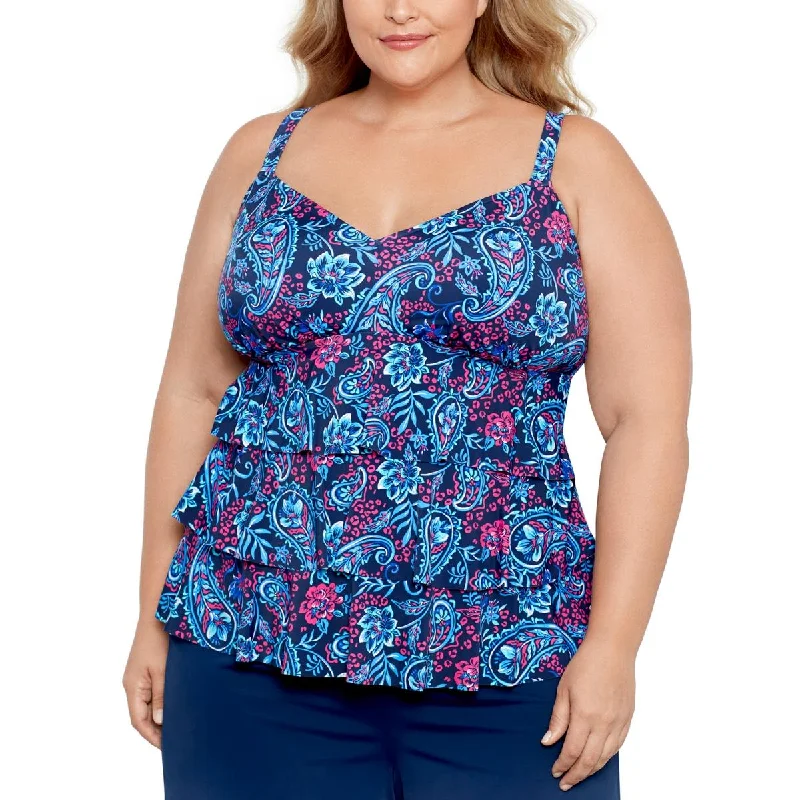 Swim Solutions Womens Plus Printed Tiered Tankini Swim Top Elegant Swim Dress