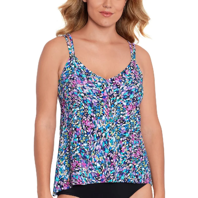 Swim Solutions Womens Printed Bust Support Tankini Swim Top Flirty Ruffle Swimsuit