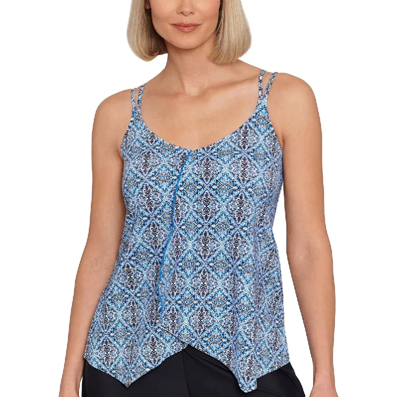 Swim Solutions Womens Printed Handkercheif-Hem Tankini Swim Top Flirty Ruffle Swimsuit