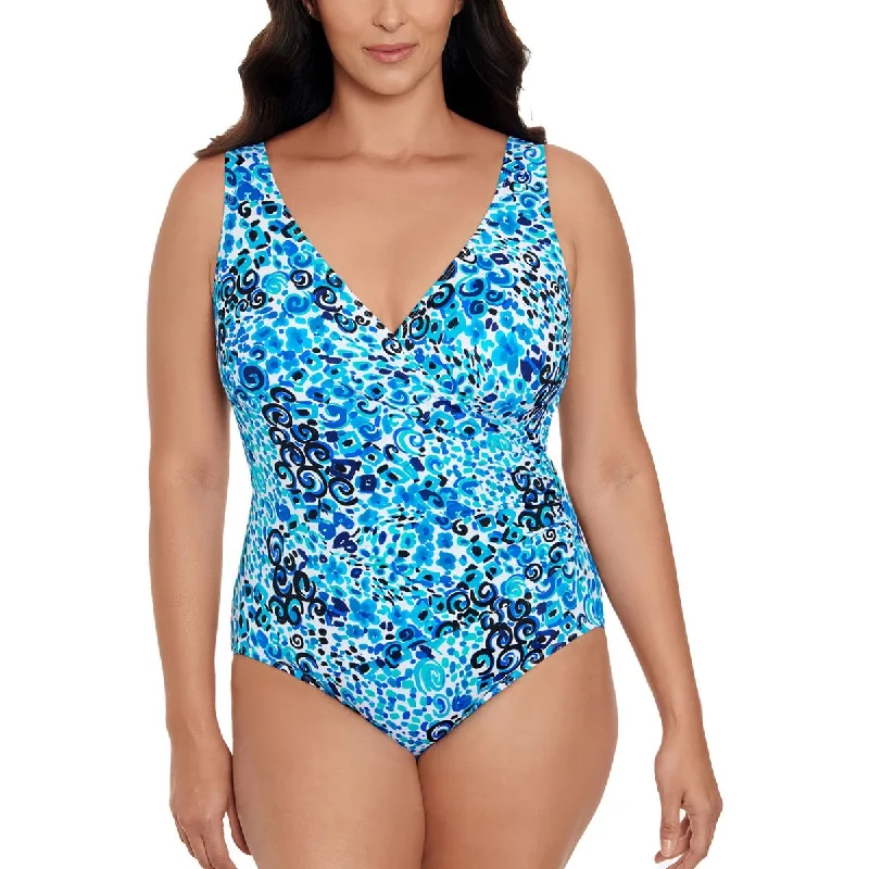 Swim Solutions Womens Printed V-Neck One-Piece Swimsuit Cross-Back Bikini