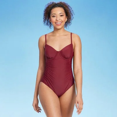 New - Shade & Shore Women's Underwire Balconette One Piece Swimsuit, Burgundy M Button-Front Swimsuit