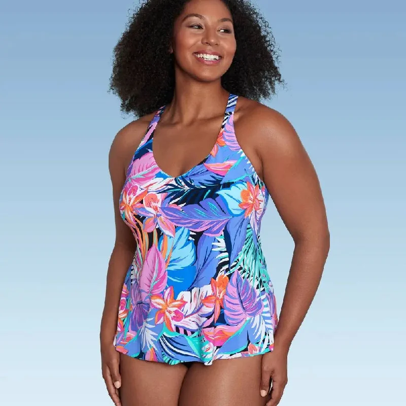 New - Aqua Green Women's V-Neck Tankini Swimwear Tank Top Swimsuit, Tropical Print M Comfortable Tankini Set