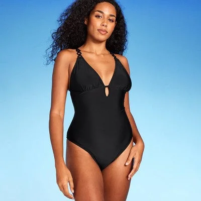 New - Shade & Shore Women's Plunge Cheeky One Piece Swimsuit Hardware Swimwear Black M Strappy Back Bikini