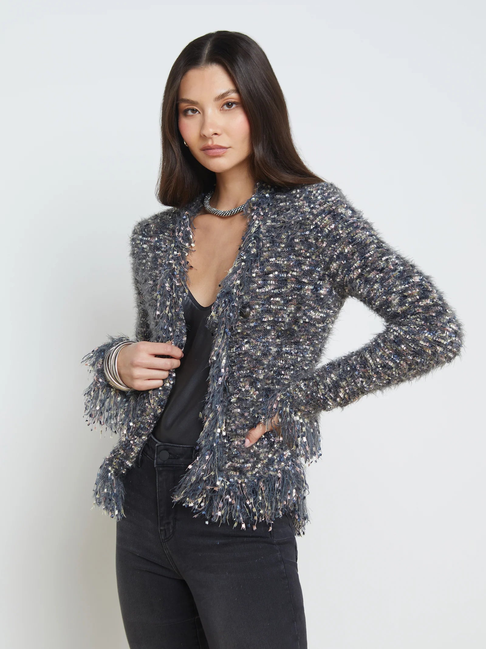 Azure Cardigan Blazer Grey Multi - L'AGENCE Solid Color Striped Floral Print