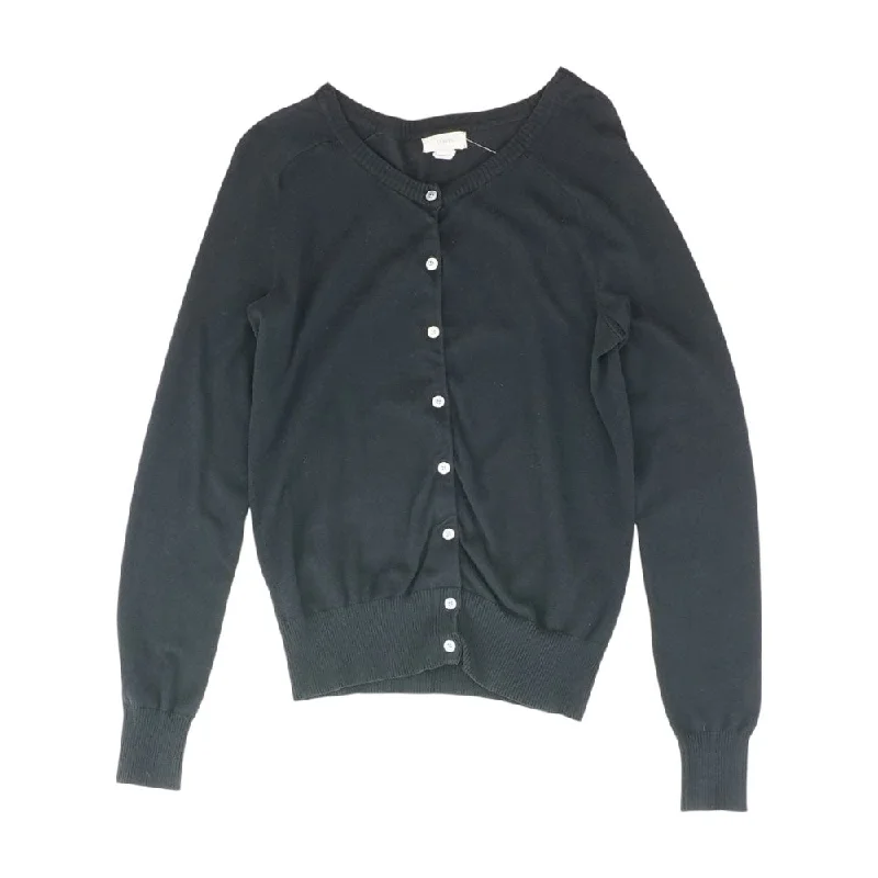 Black Solid Cardigan Sweater Terry Terry Cloth Terry Knit