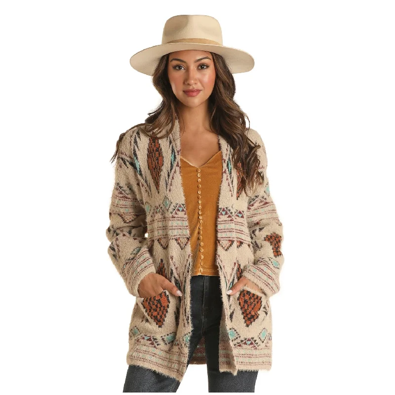 Rock & Roll Cowgirl® Ladies Cream Aztec Print Cardigan 46-2385 Jersey Fabric Tulle Fabric Batik Fabric