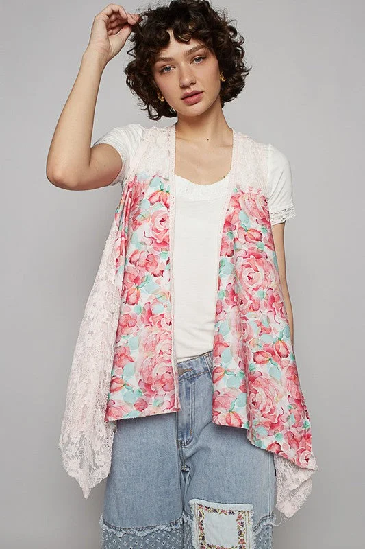 Pol Lace Patchwork Floral Open Front Sleeveless Cardigan Plaid Cardigan Polka Dot Checkered