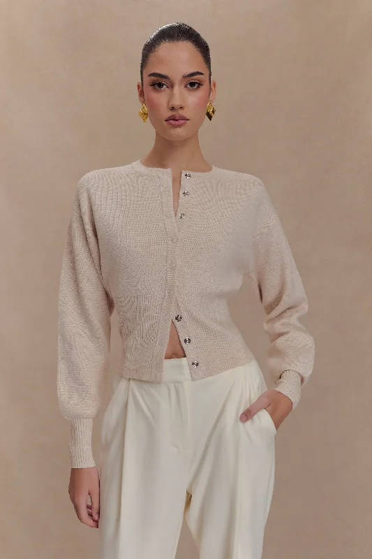 Ferne Button Up Knit Cardigan - Oat Marle Fleece Cardigan Nylon Polyester