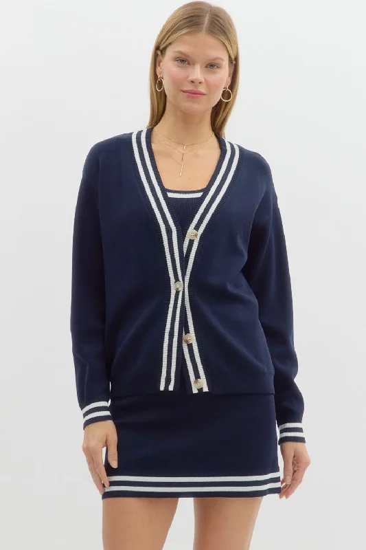 Polly Knit Cardigan (Navy) Crew Neck V-Neck Turtle Neck