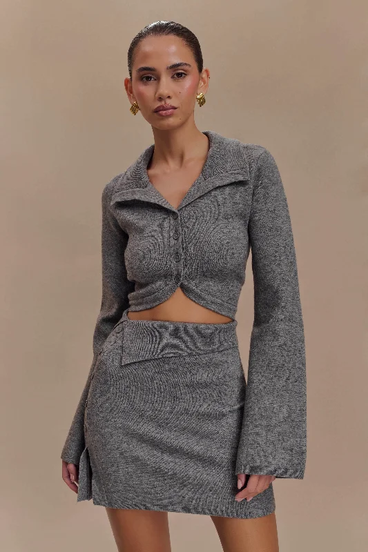 Annabelle Knit Curved Hem Cardigan - Charcoal Patchwork Embroidered Appliqued